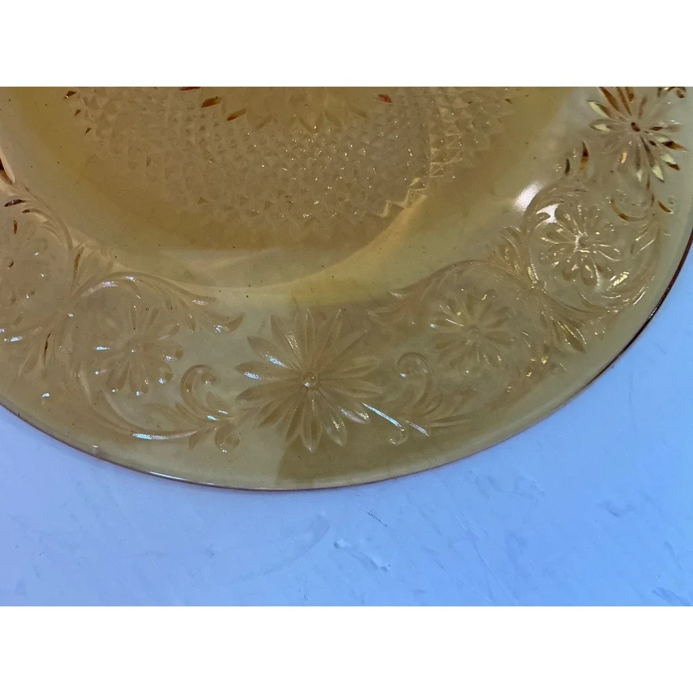 Vintage Tiara Sandwich Glass Plate Amber Floral Embossed 8 Incha